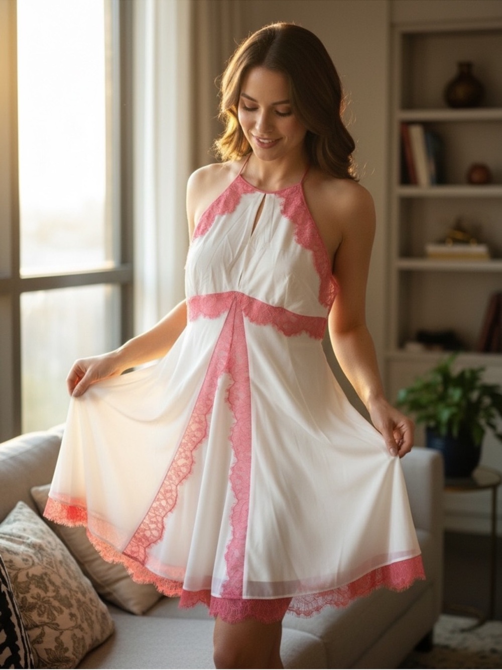 Bebe White Midi Dress with Pink/Orange Lace Trim.
